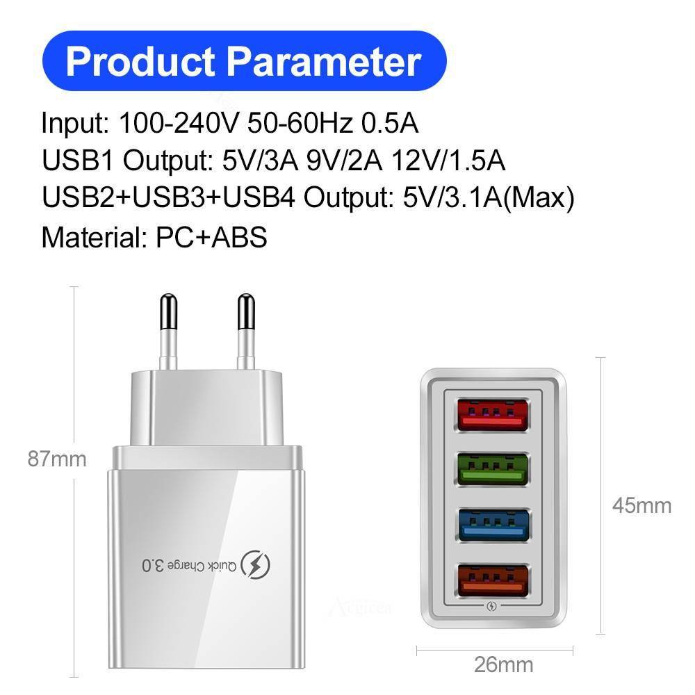 USB Charger Quick Charge 3.0 4 Ports Phone Accessories Color : EU Plug|US Plug